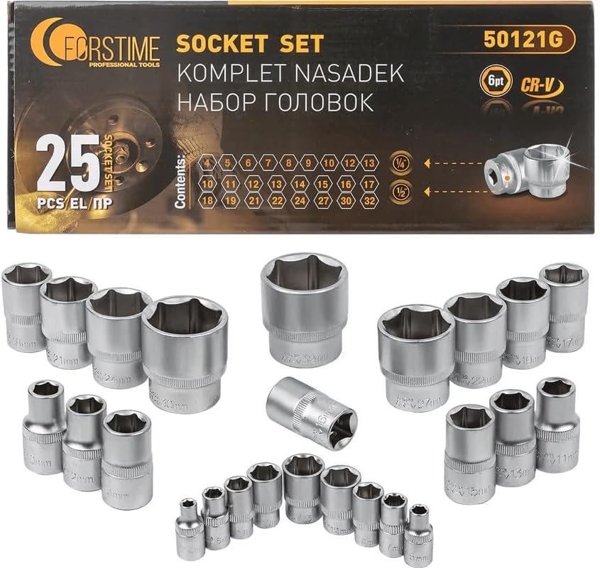 Socket set 1/4"DR, 1/2"DR, set of 25 items, 6 Pt. FORSTIME