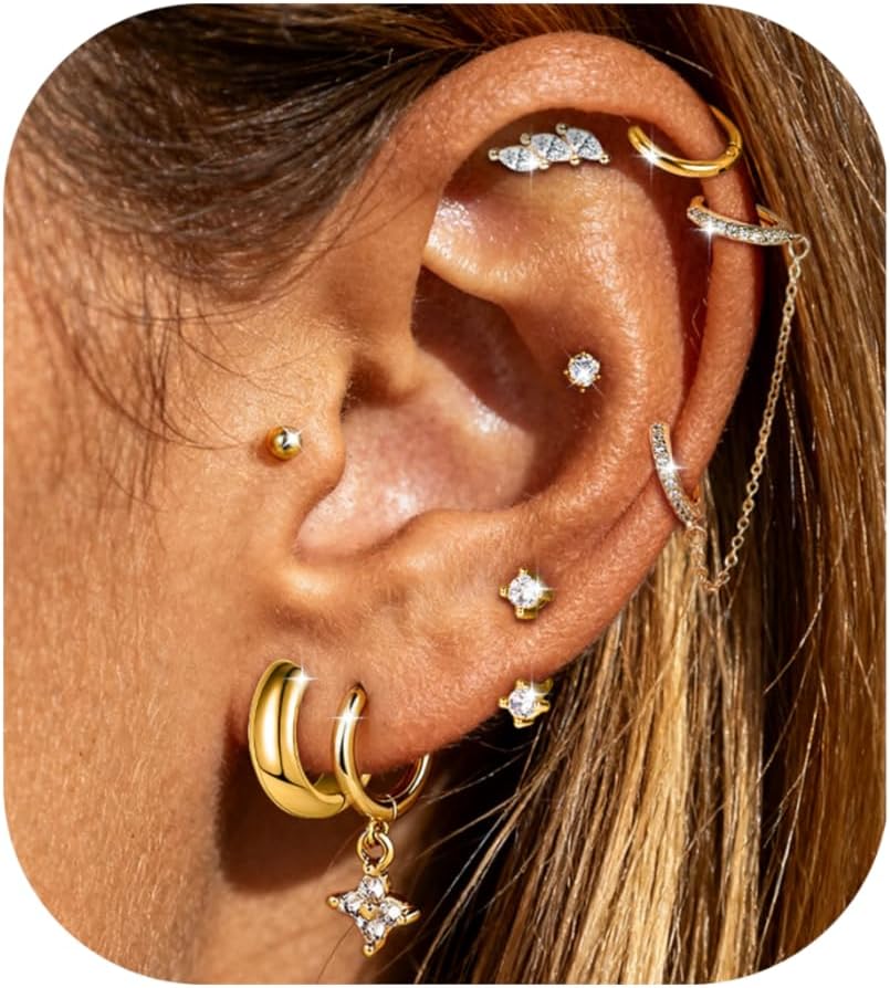 AOEDEJ 8Pairs 14K Gold Plated Hoop Stud Earring Stacks for Women Chain Cartilage Earrings Hypoallergenic Silver Huggie Earrings Sets for Multiple Piercing Jewelry
