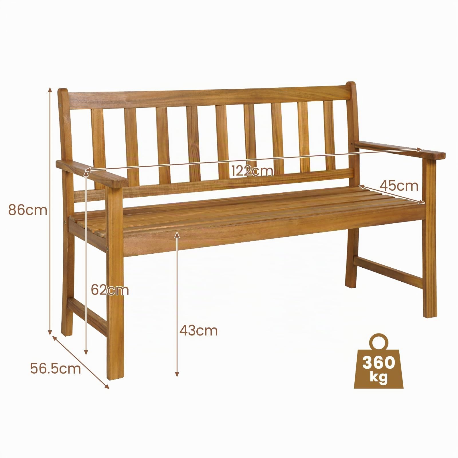KOMFOTTEU Banc de Jardin 2 Places, Banquette de Parc en Bois d'Acacia, Banc de Parc, Chaise de Parc avec Dossier, Charge de 360 kg, pour Balcon, Terrasse (Grande Taille, 122 x 56,5 x 86 cm)