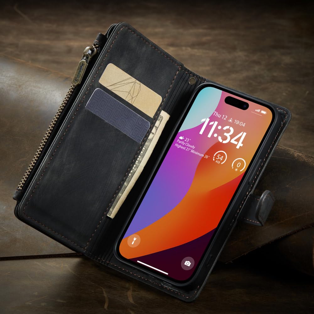 Funda tipo billetera de cuero de lujo para iPhone 15 14 13 12 Mini 11 Pro XS Max X XR Funda tipo billetera con ranura para tarjeta con cremallera para iPhone SE 7 8 Plus, negro, para iPhone 14 Pro