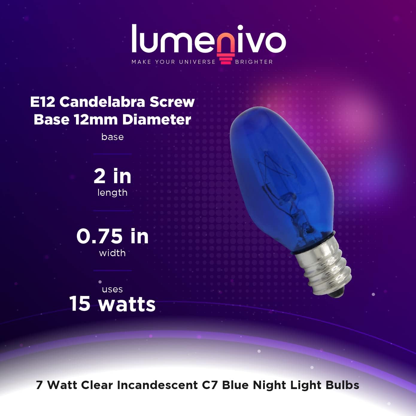 lumenivo 7 Watt Blue Incandescent C7 Colored Night Light Bulbs 7W C7 Blue Christmas Village Light Bulbs - Candelabra Base for Window Candles, Decorative Light Replacements - 120V - 8 Pack