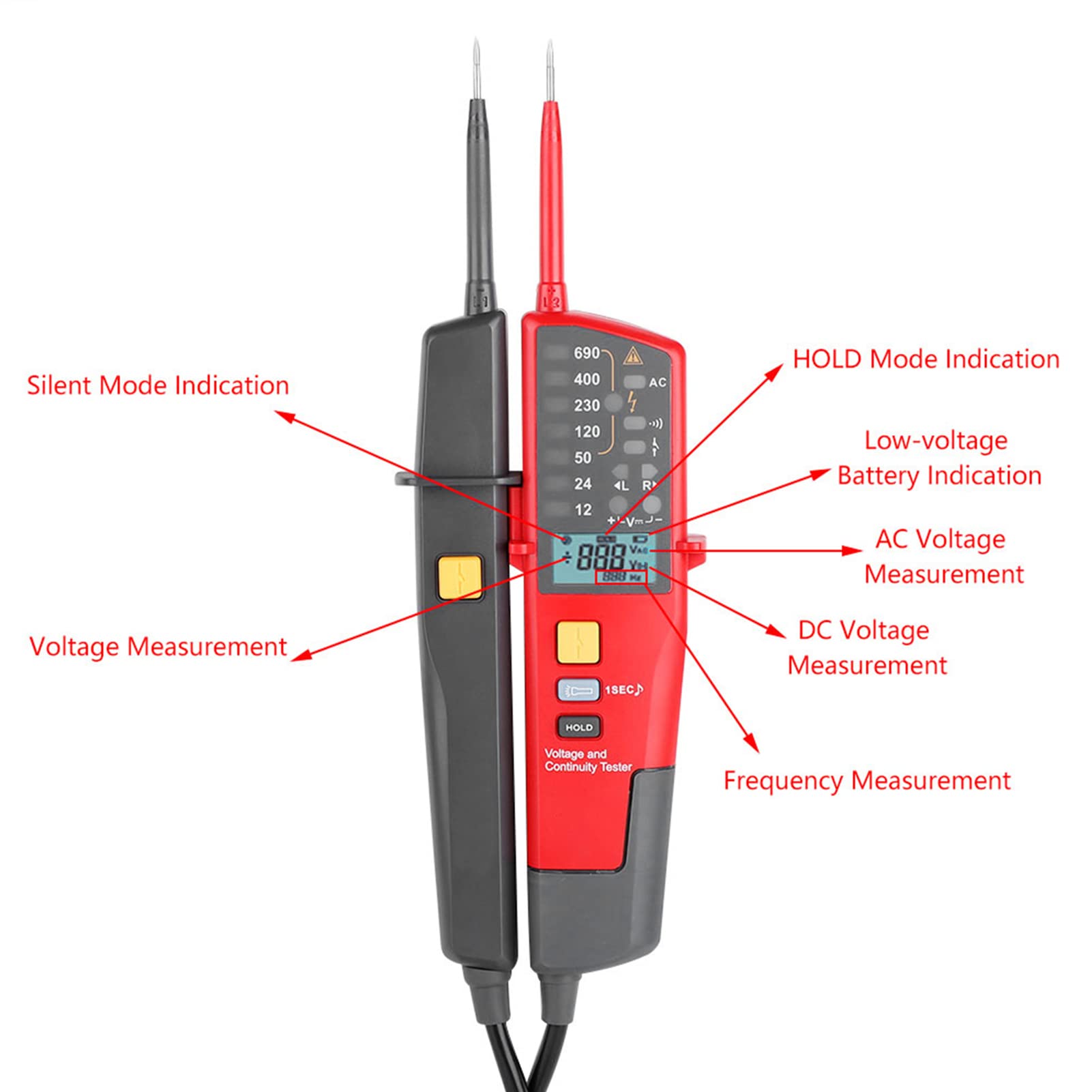 KIMISS Probador de Voltaje y Continuidad de UT18C, Medidor de Voltaje de Rango Automático con Pruebas RCD, Pantalla LCD, Indicador de Rotación de Fase, Medición de CA/CC de 690 V