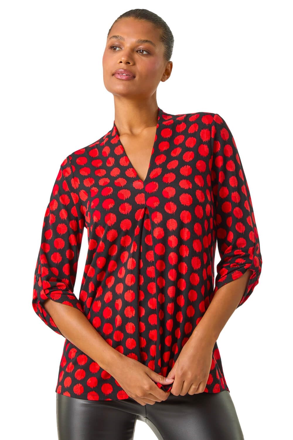Roman Originals Women's Onyx Red Leaf V Neck Stretch Jersey Top For Uk Pleated Shirt Notch V Neck Blouse Summer Tunic Pull-On Soft Evening Holiday Work Party Everyday - Size 10