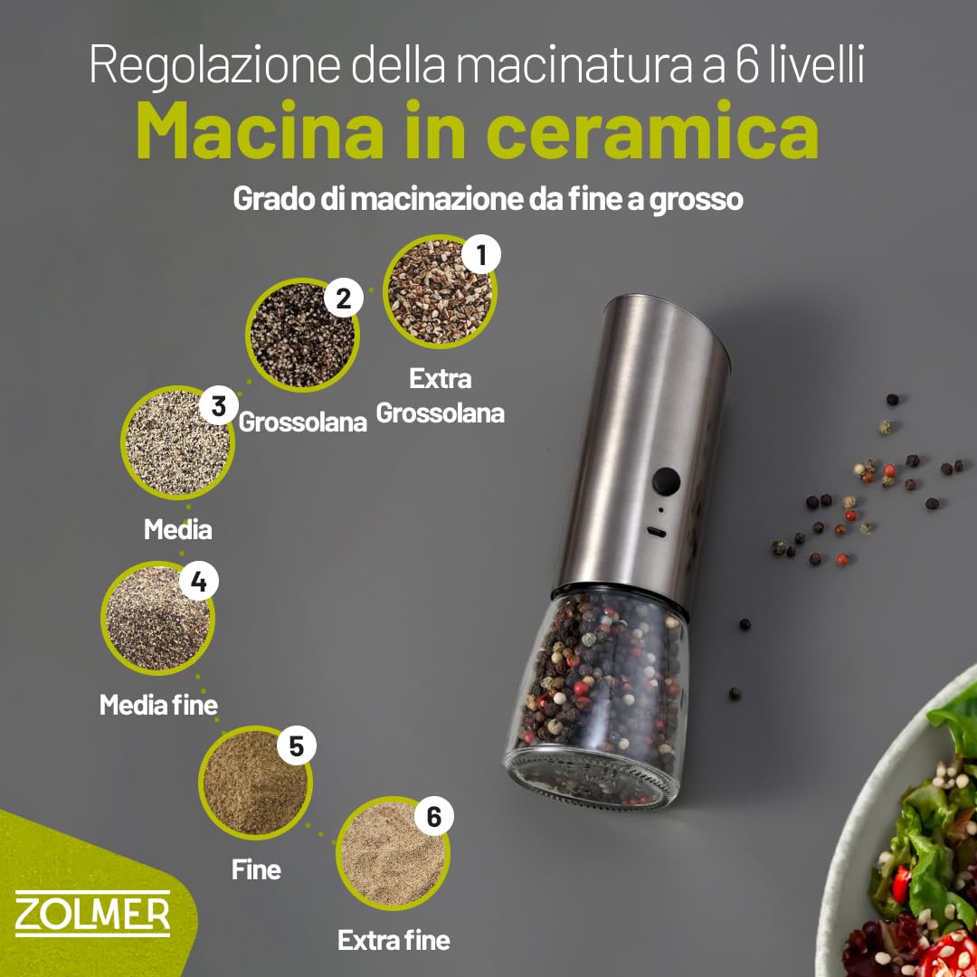 GRAVITY Macina Pepe Elettrico ad una mano e luce integrata – 1 unità con Batterie Ricaricabili, Macinatura Regolabile per Spezie varie, macina Sale o Pepe – Robusto e Compatto
