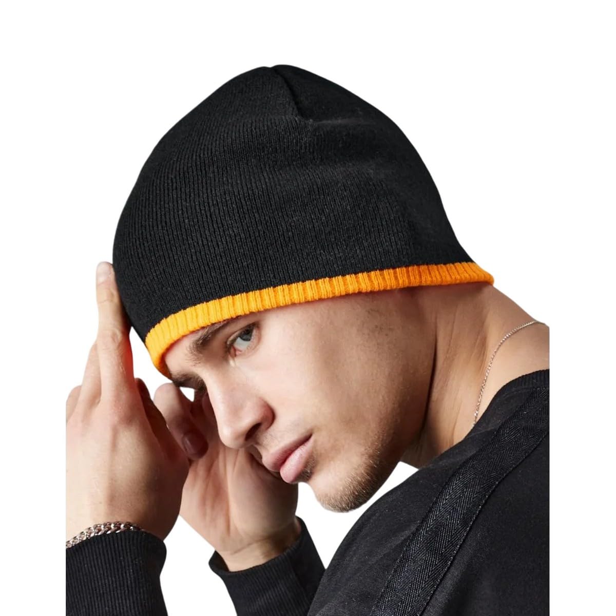 Beechfield B44c Two-Tone Pull On Beanie - Black/Fluorescent Orange