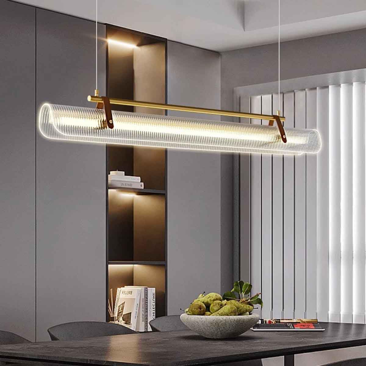 Lampadari a Striscia per Isola Cucina, Lampada a Sospensione LED Moderna con Cambio di Colore a 3 tonalità, lampadario a Sospensione in Acrilico Trasparente Dorato sopra Il Tavolo