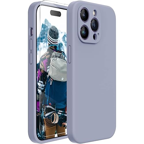 Miracase Designed for iPhone 14 Pro Case with Screen Protector, [Upgraded Camera Protection], Shockproof Liquid Silicone Rubber Phone Case Cover for 14 Pro 6.1 inch, Lavender Gray