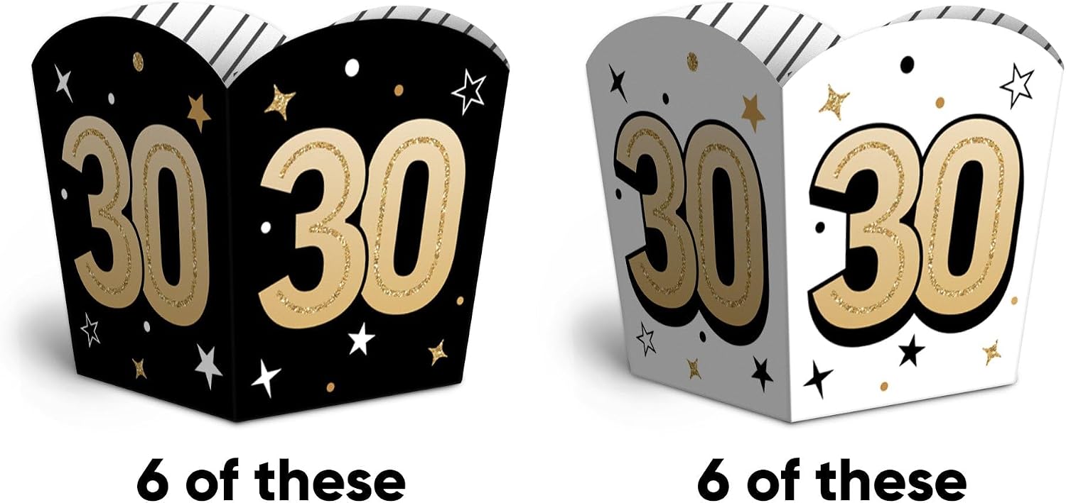 Black & Gold Adult 30th Birthday Party Favors - Treat Boxes - Set of 12