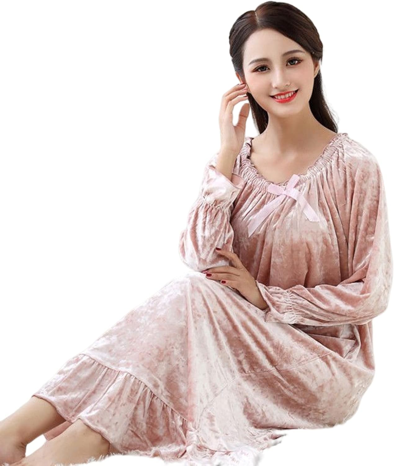 OFFSUM Women's Long Sleeve Nightgown - Spring Autumn Solid Color Round Neck Nightgown Velvet Fleece Elegant Nightdress Cas