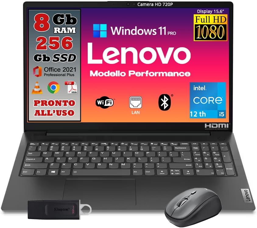 Lenovo, Pc portatile notebook, cpu Intel i5-1235u ULTIMA GENERAZIONE, 8 Gb ram, display Full hd da 15,6, ssd 256 Gb, win 11 pro, office pro 2021, PRONTO ALLUSO - MOUSE WIRELESS + PEN DRIVE 32GB Lenovo, Pc portatile notebook, cpu Intel i5-1235u ULTIMA GENERAZIONE, 8 Gb ram, display Full hd da 15,6, ssd 256 Gb, win 11 pro, office pro 2021, PRONTO ALLUSO - MOUSE WIRELESS + PEN DRIVE 32GB