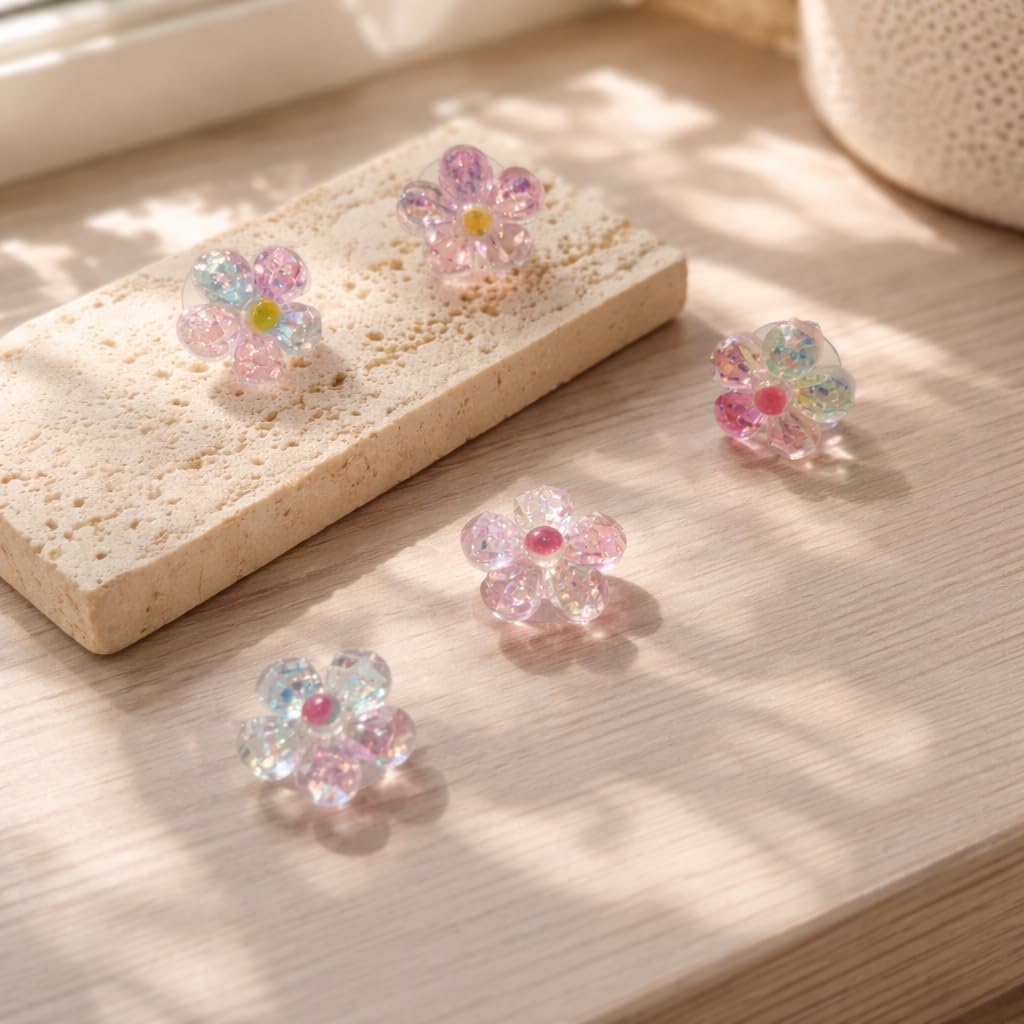 5PCS Crystal Flower Shoe Charms for Clog Shoes and Bogg Bag, Acrylic Daisy Charms with Soft Clear Button Back, Glitter Floral Decorative Accessories image 3