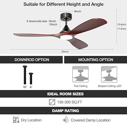Miniatura 10 de Ventilador de techo inteligente de 60 pulgadas con luces, aspas de madera maciza con controles remotos y aplicaciones, motor de CC silencioso ETL de