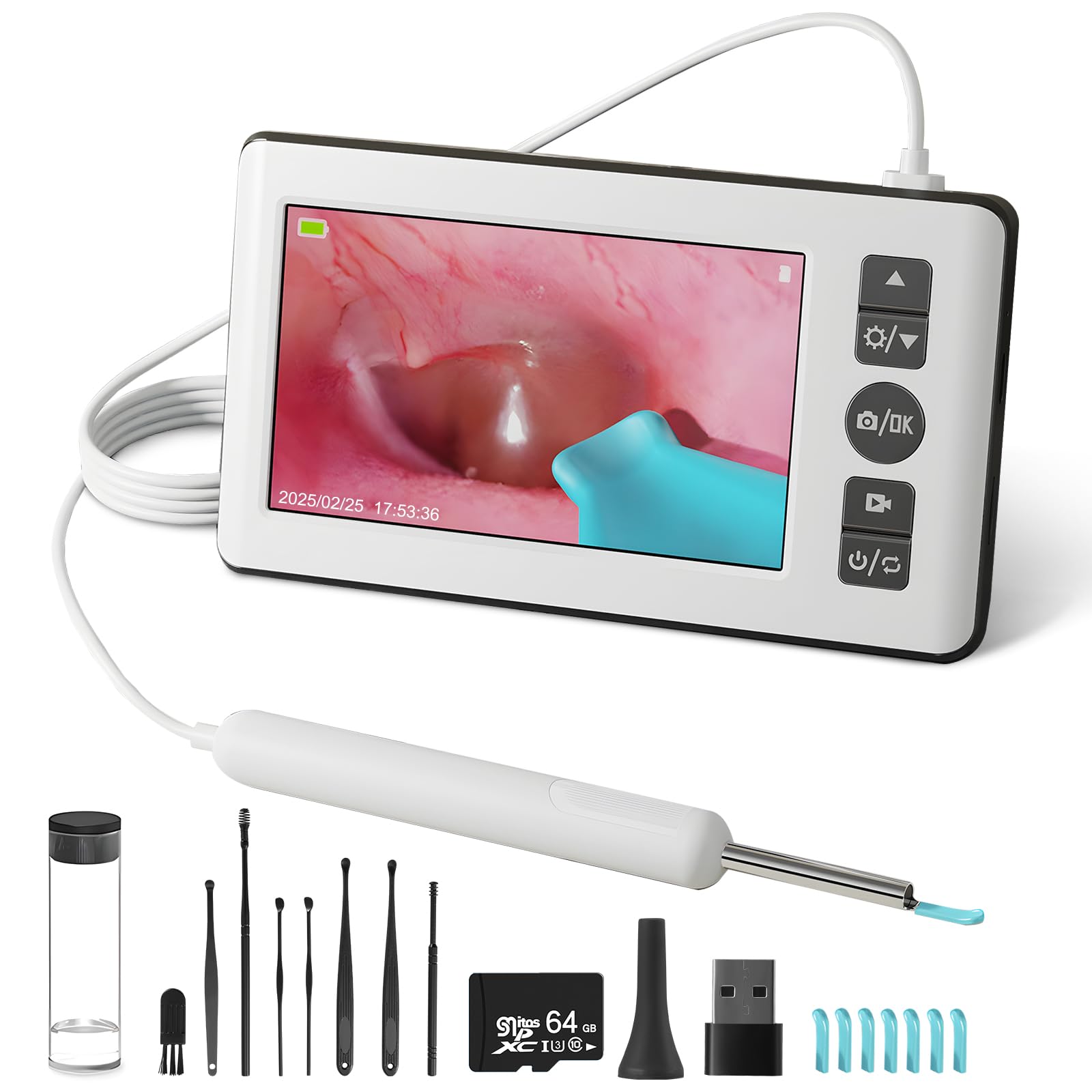Otoscopio Limpiador de Oídos, 4.3 '' 1080p HD IPS Endoscopio de Oído con 6 Endoscopio LED, Boucher y Play, 3,5 mm Profesional Otoscopio con 64G Tarjeta de Memoria para Niños y Adultos