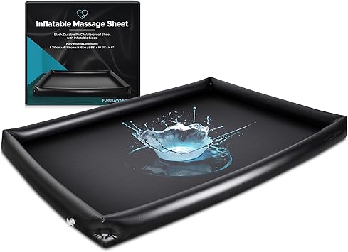Inflatable Nuru Massage Sheet with Inflatable Sides | Manual Inflate | Black Vinyl Waterproof | 210cm x 156cm x 16cm | Easy to Clean | Couples Massage