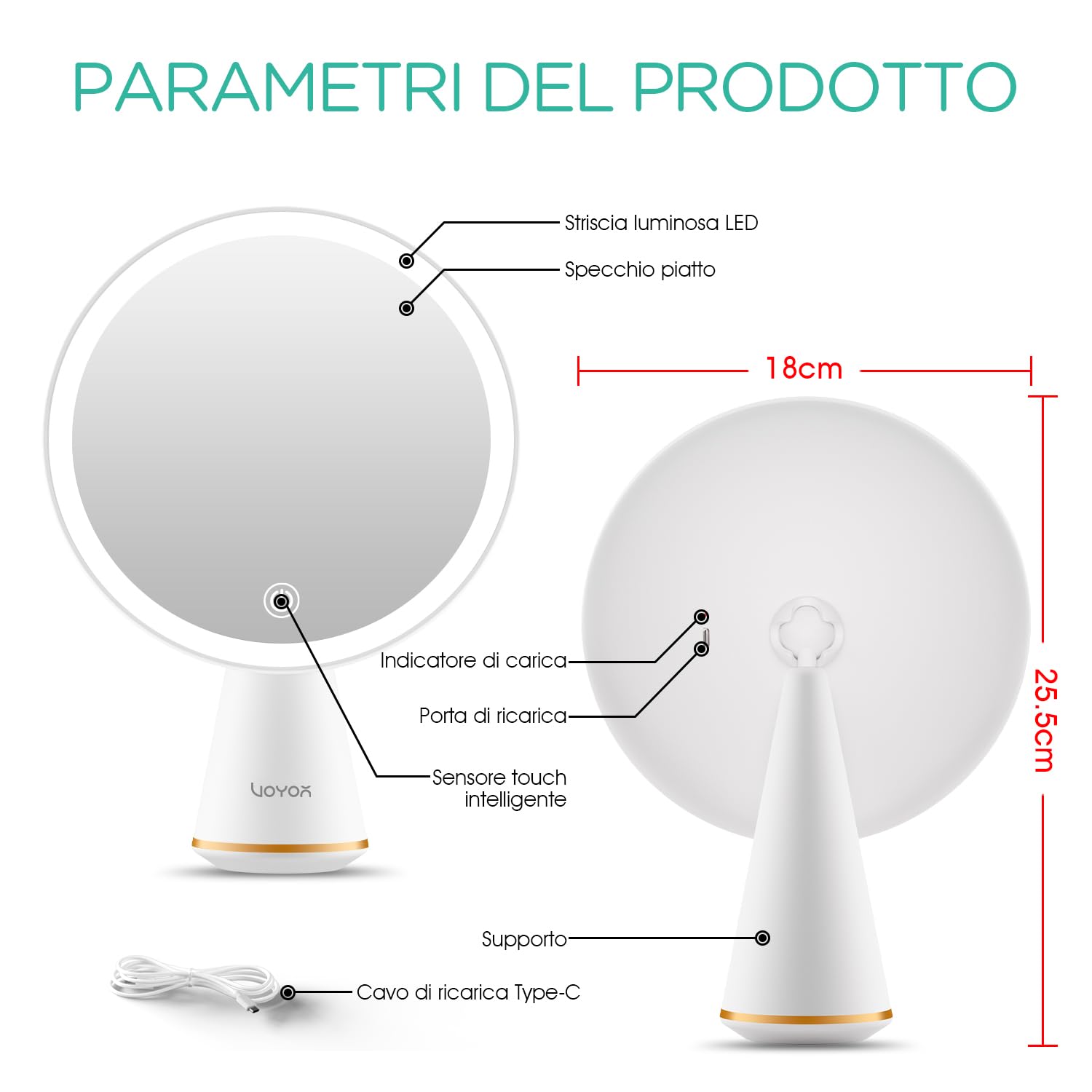 VOYOR Specchio Trucco con Luci Rimovibile Specchio da Tavolo Angolo Regolabile Specchio Portatile Ricaricabile da Viaggio Specchio Led Trucco Luminosità Regolabile Specchio CM110