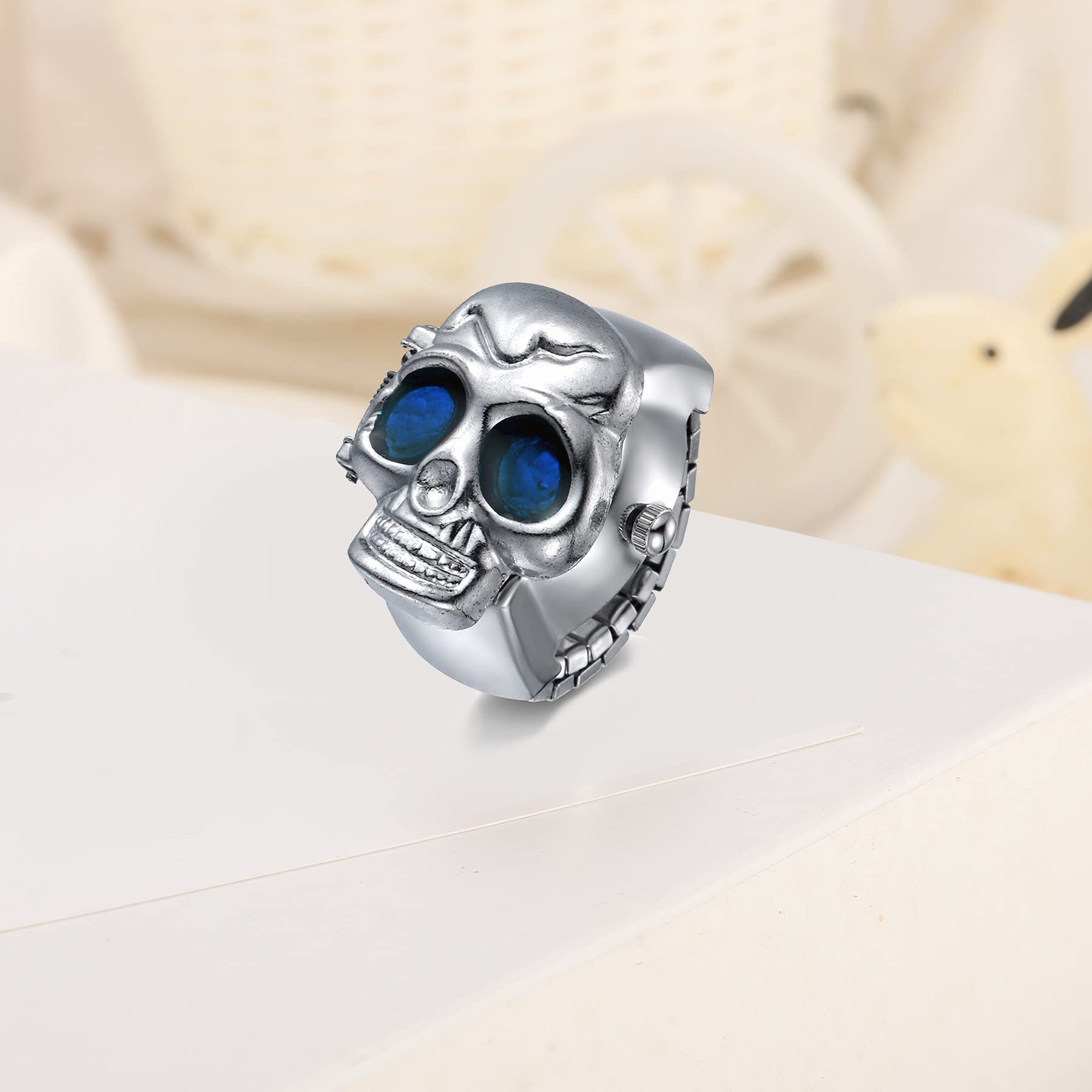 JewelryWe Mężczyźni kobiety zegarek na palec punk czaszka otwierana pokrywa kwarcowy analogowy regulowany pierścień zegarki na Halloween