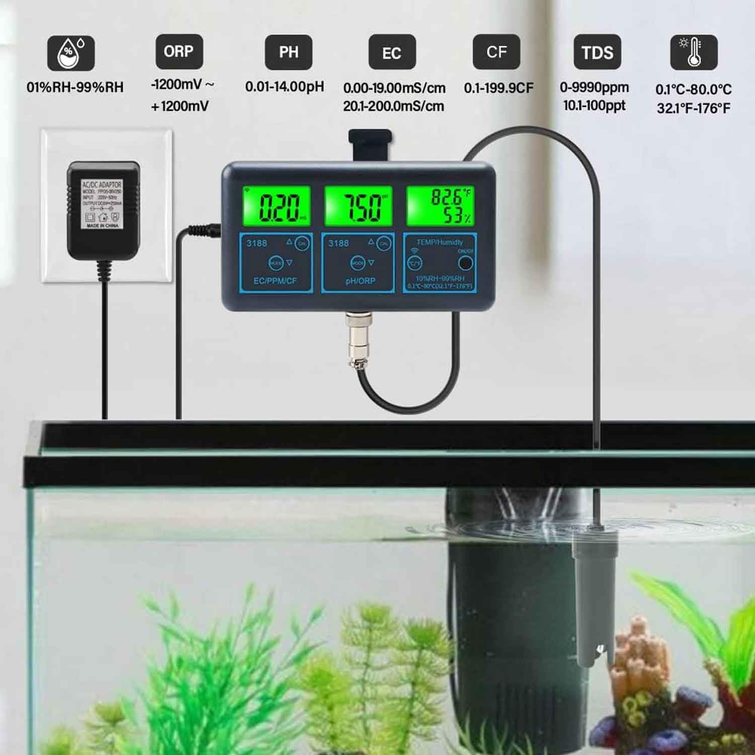 Detektor jakości wody, tester jakości wody, inteligentny zdalny miernik 7 w 1 PH, monitor PH EC TDS SALT SG Temp ORP CF, do basenów, hydroponiki, wody pitnej, akwariów
