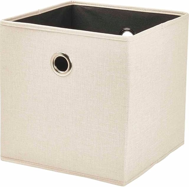 wilko Cream Faux Linen Storage Box, Square Storage Tote Box with Loading Capacity 7Kg, with Carry Holes, 30 x 30 x 30cm