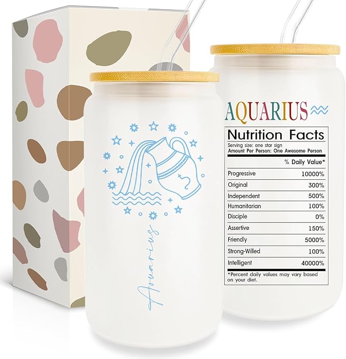 Aquarius Zodiac Cup - 16 Oz Glass with Astrology Signs, Birthday Gift for Women, Men, or Friends