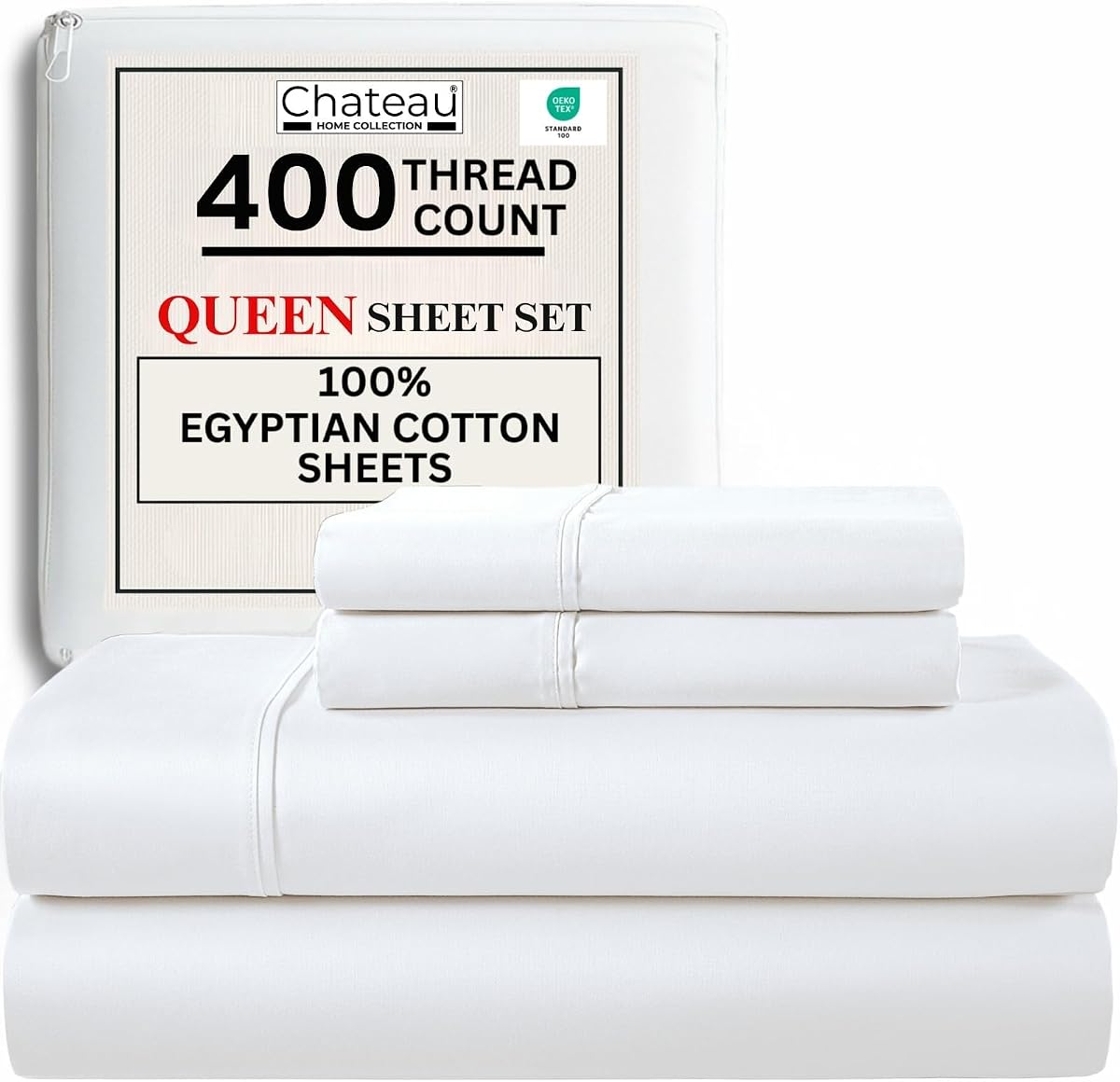 Egyptian Cotton Sheets Queen Size Bed Set, 400TC Queen Sheet Set - White | Luxury Sateen Weave Bed Sheets with 15" Deep Pocket, Breathable & Naturally Cooling White Bedding, OEKO TEX Certified