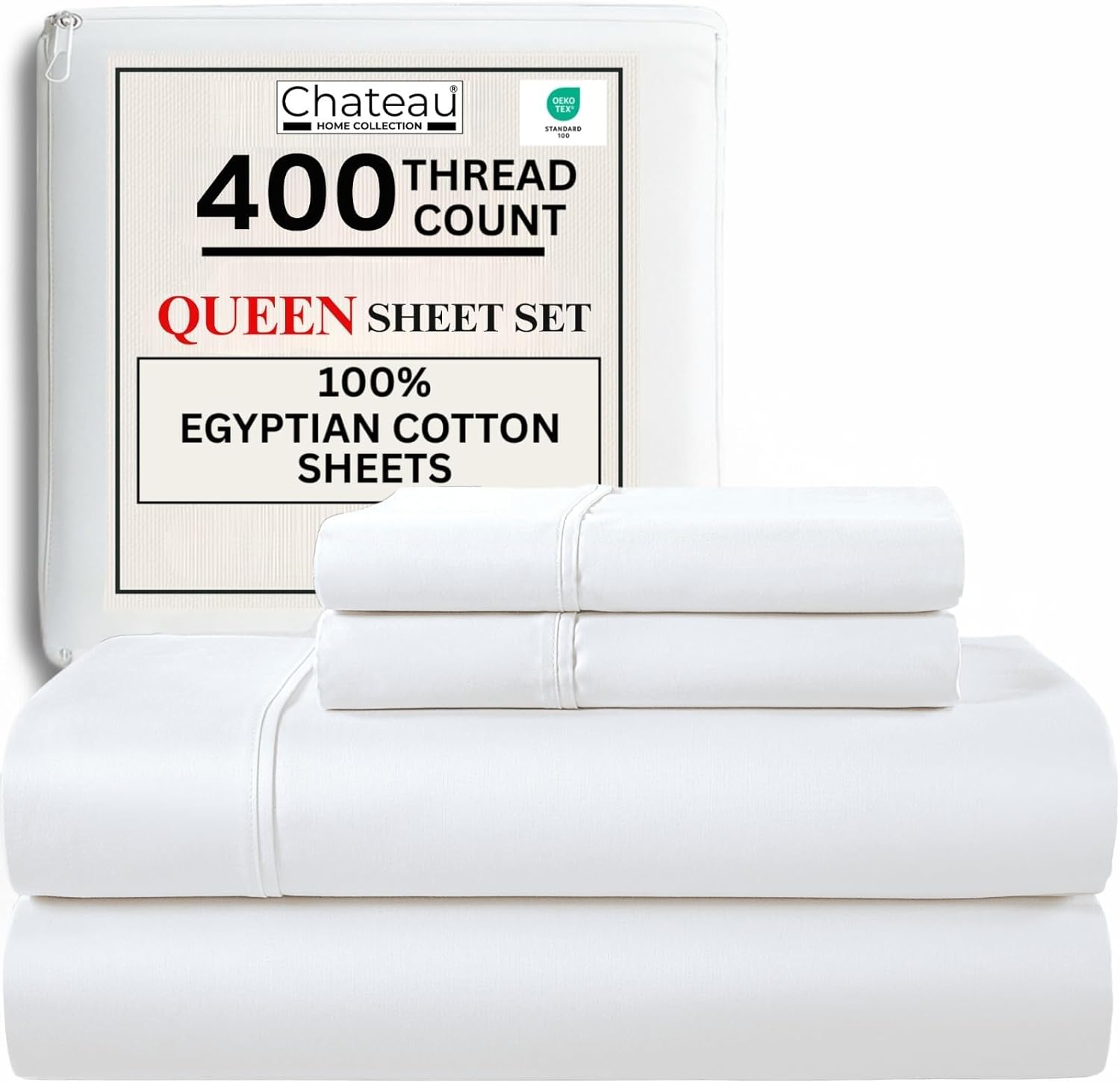 CHATEAU HOME COLLECTION Egyptian Cotton Sheets Queen Size, 400 Thread Count Deep Pocket Bed Sheet Set – Soft Cooling Sateen Weave, Fits Mattresses Up to 17”