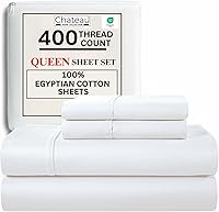 CHATEAU HOME COLLECTION Egyptian Cotton Queen Sheets 400 Thread Count, 15" Deep Pocket Sateen Weave, Soft Cooling White Bed Sheet Set
