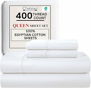 CHATEAU HOME COLLECTION Egyptian Cotton Queen Sheets 400 Thread Count, 15" Deep Pocket Sateen Weave, Soft Cooling White Bed Sheet Set
