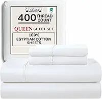CHATEAU HOME COLLECTION Jogo de lençóis Queen de algodão egípcio, 400 fios, bolso profundo – tecido acetinado macio refrescante, lençóis Queen com bolso profundo de 38 cm, branco