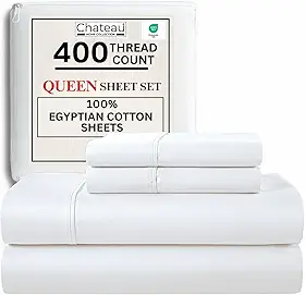 CHATEAU HOME COLLECTION Jogo de lençóis Queen de algodão egípcio, 400 fios, bolso profundo – tecido acetinado macio refrescante, lençóis Queen com bolso profundo de 38 cm, branco
