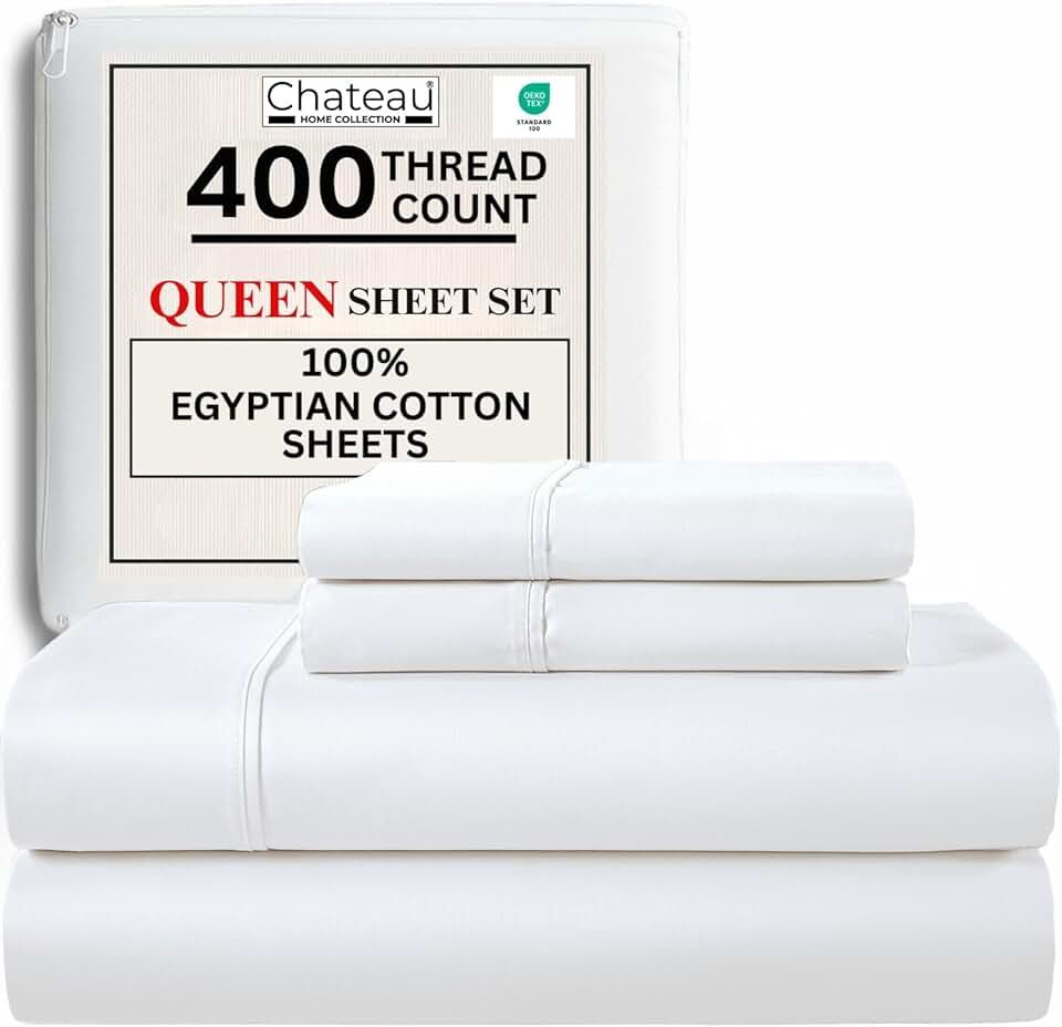 CHATEAU HOME COLLECTION Jogo de lençóis Queen de algodão egípcio, 400 fios, bolso profundo – tecido acetinado macio refrescante, lençóis Queen com bolso profundo de 38 cm, branco