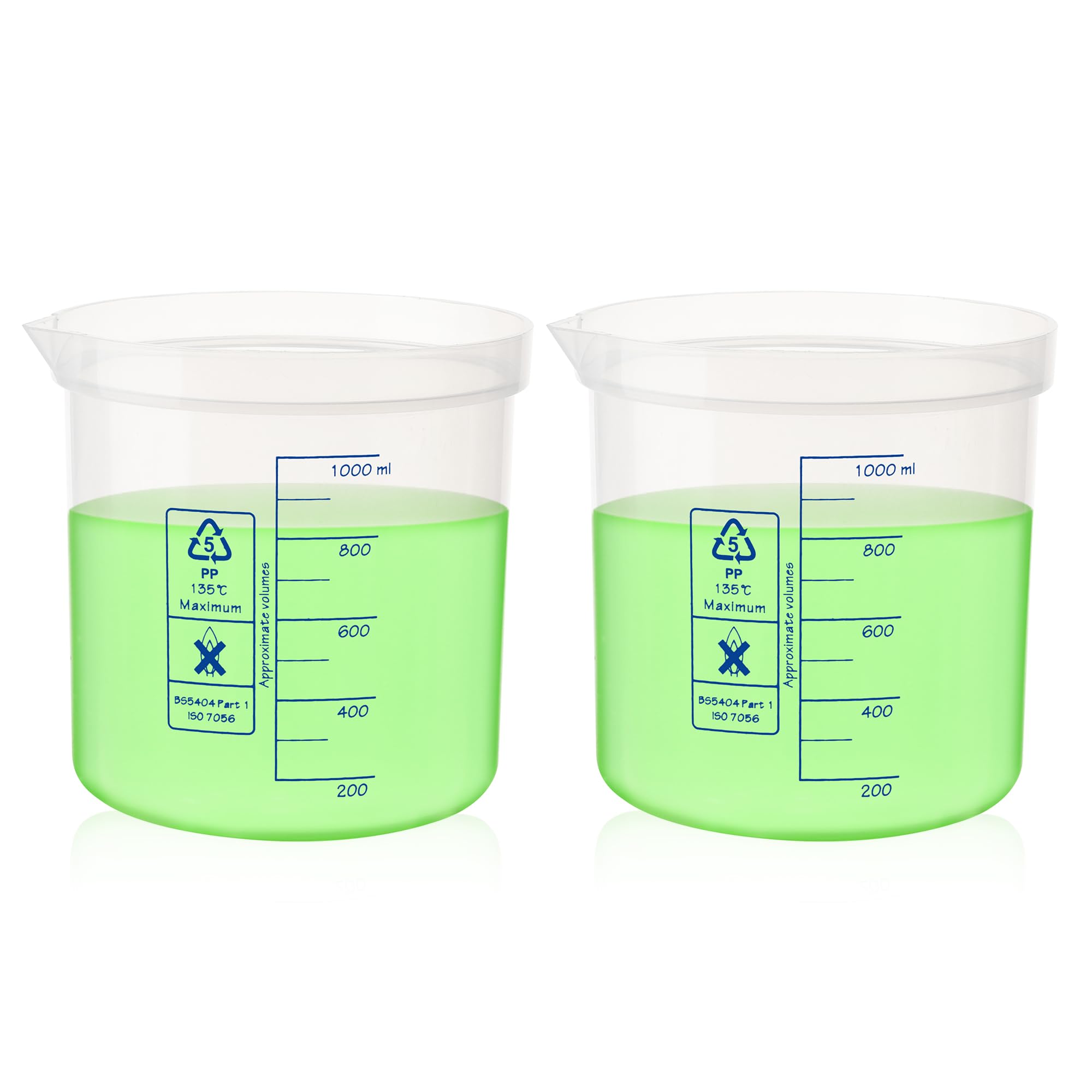 Utile Juego de vasos de precipitados de plástico, 2 unidades de 1000 ml con escala impresa azul, vasos de medición graduados de polipropileno, 4007.0281.02
