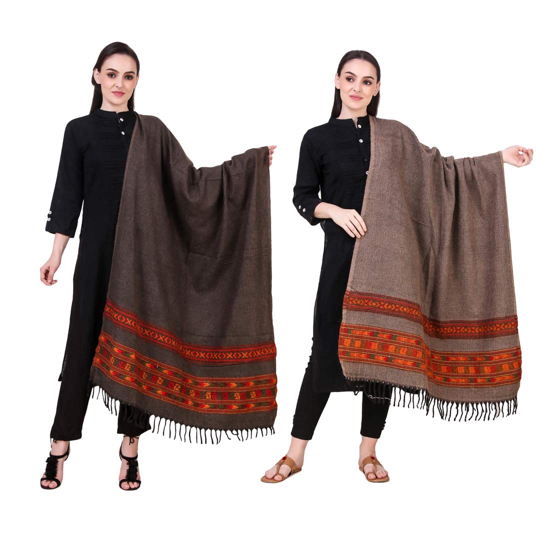 Kiba Retail Women'S New Warm And Soft Shawl With Border Embroidery_ Pack-2 Dark Brown-Brown_(70 X 38.5 Inches)