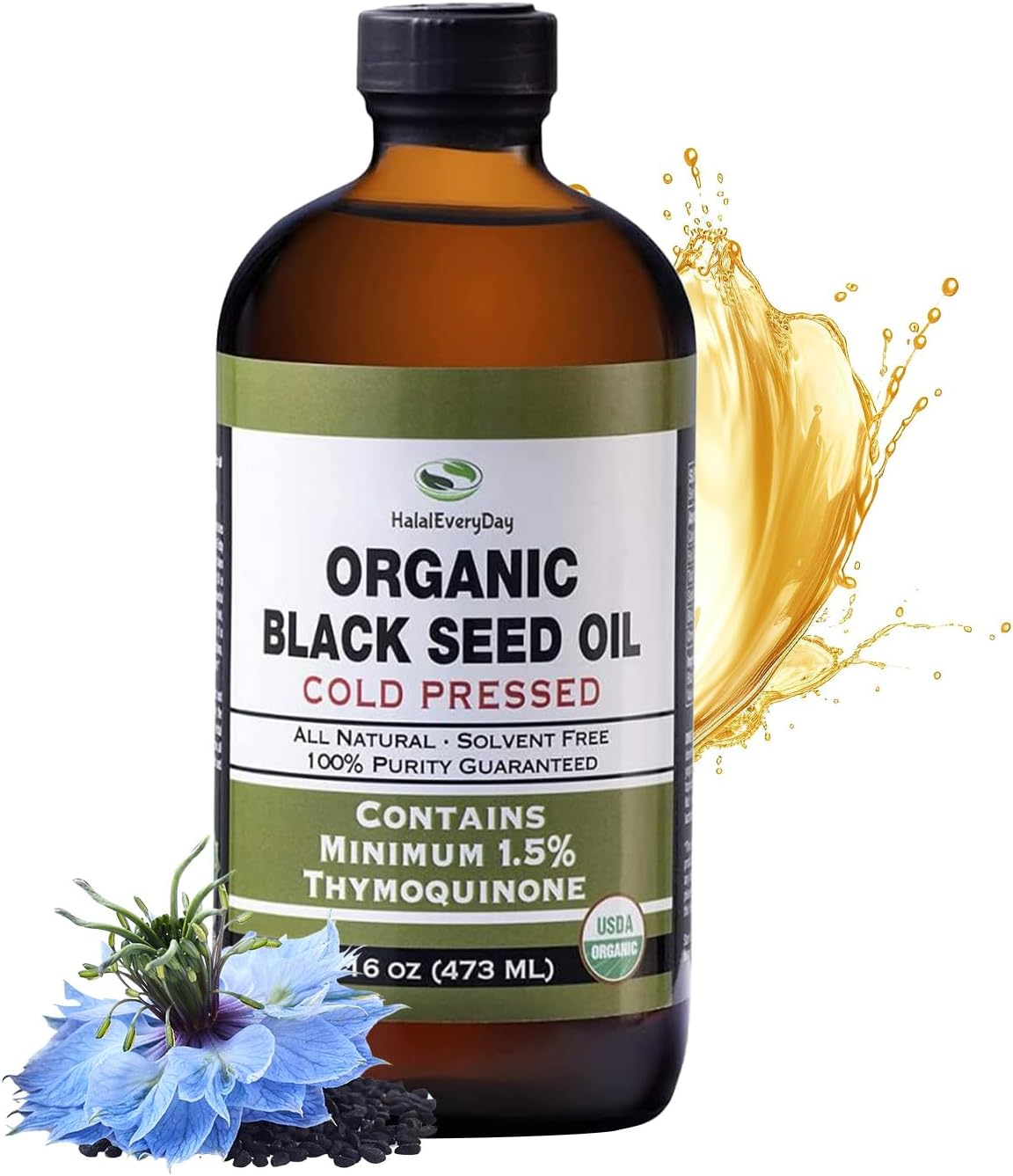 HalalEveryDay Organic Black Seed Oil - USDA Certified, Cold Pressed Glass Bottle 16oz - Over 1.5% Thymoquinone Turkish Black Cumin Nigella Sativa Non-GMO 100% Pure Blackseed Oil