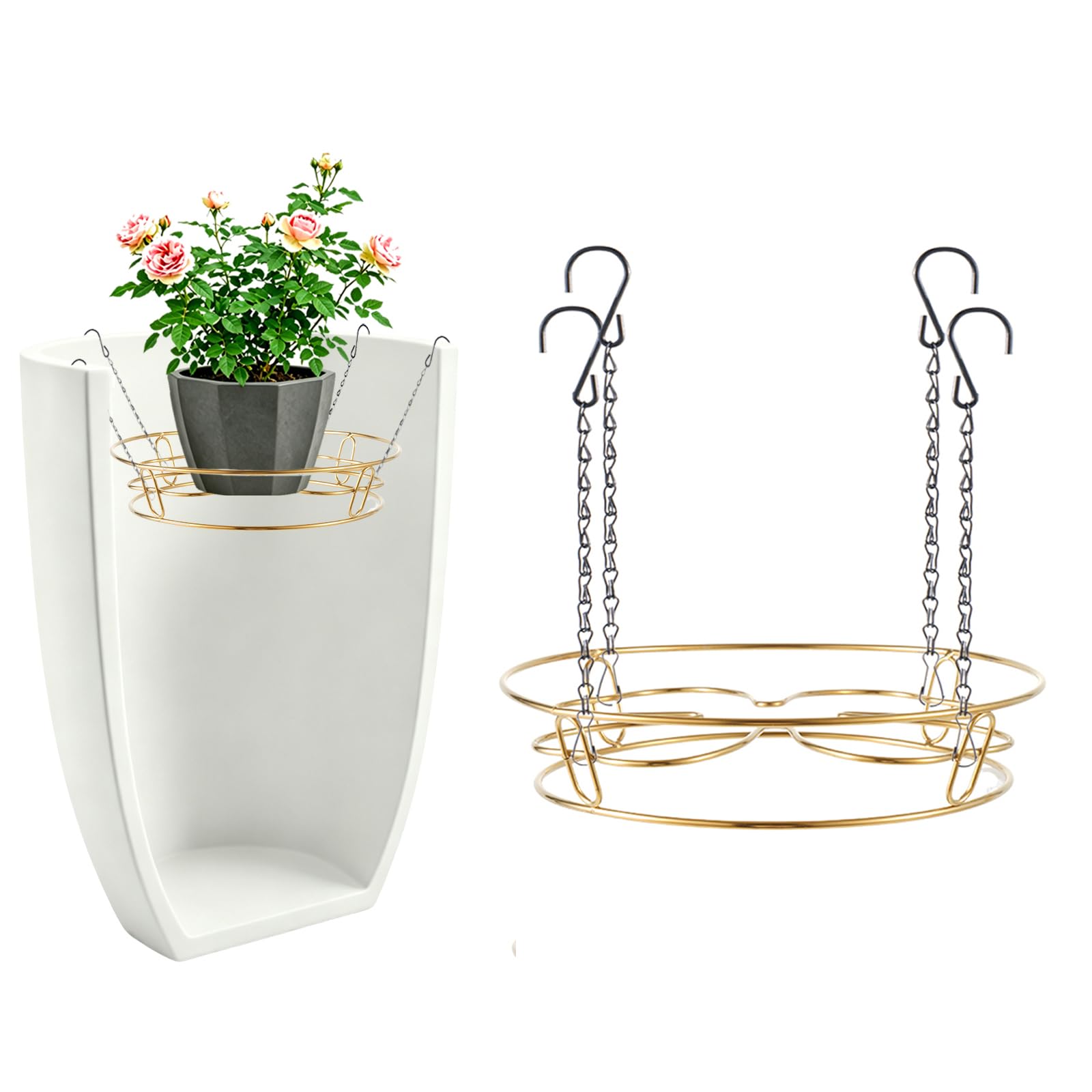 KKONHII Adjustable Planter Inserts for Any Large Pots, Inside Plant Risers for Opening 12-18" Wide Pots Gold Stainless Steel Planter Insert with 4Hooks Chain Pot Fillers for Tall Round Planters