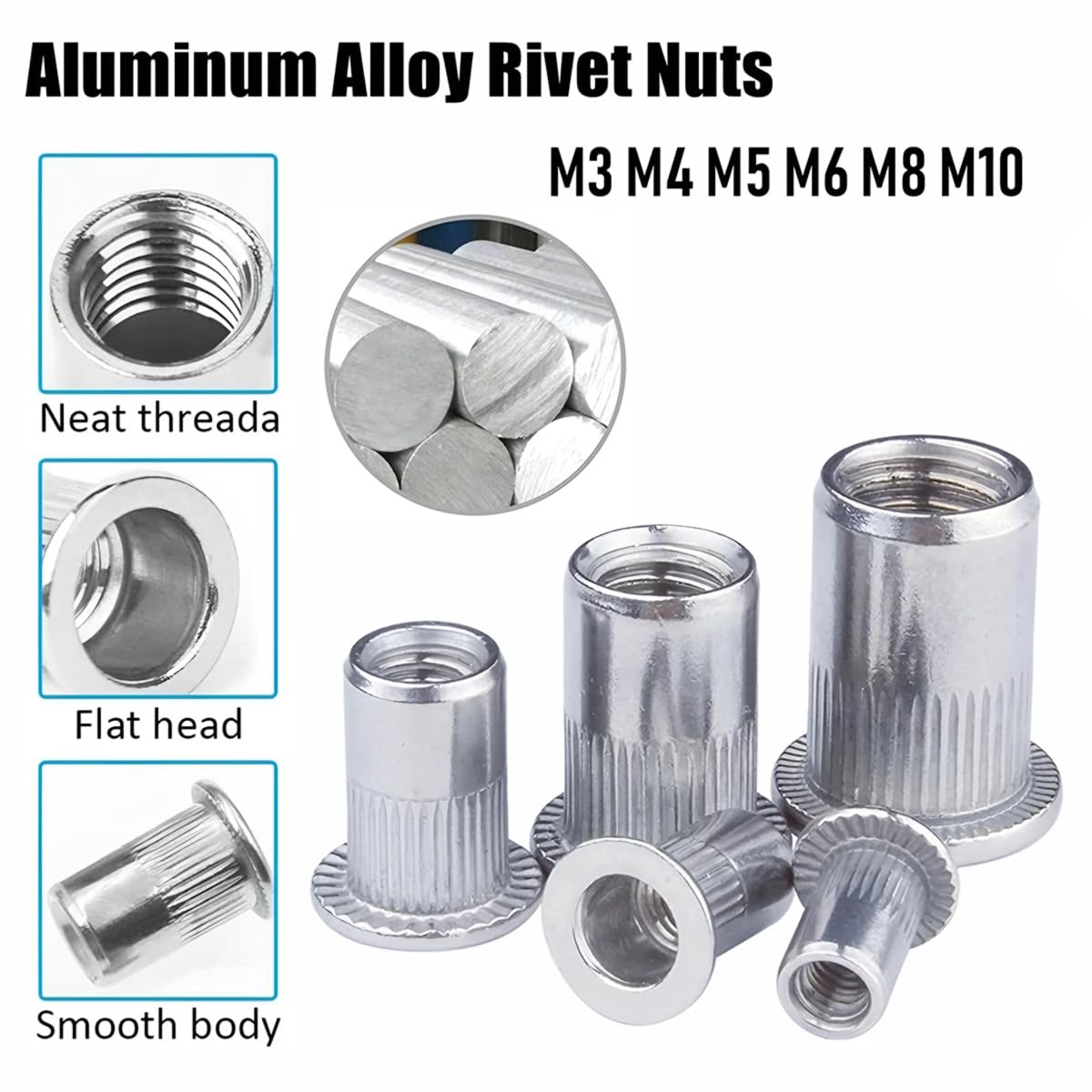 JNNJ 165 Pezzi Kit Di Assortimento Di Dadi per Rivetti in Lega Di Alluminio, Assortimento Dadi Con Inserto Filettato a Testa Piatta Per Auto, Kit Assortimento Rivetti Metrici Dado Con Inserto Cieco