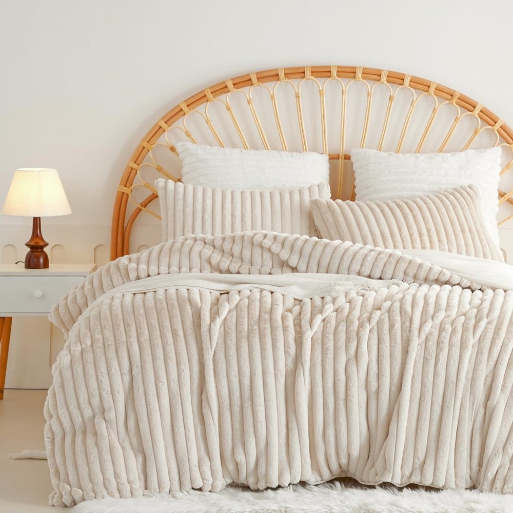 Nayoroom Winter Bettwäsche 220x240 Warm Fleece Plüsch Bettbezug Set Beige | Winterbettwäsche Set,Flauschig,ÖKO-TEX,Cashmere Touch,Flanell,Gestreift,Bettwäsche-sets,2 Kissenbezüge 80x80,Reißverschluss