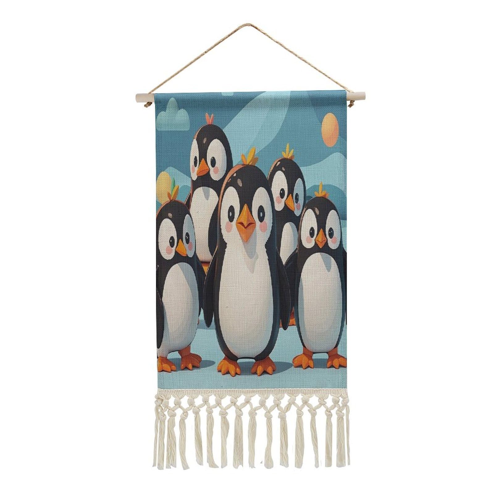 FekiLoot Cute Penguins Wall Art Print Decor Art Tapestry with Tassel Cotton Linen Hanging Poster Vintage Aesthetic Wall Art Poster Rustic Wall Art Decor for Home Bedroom Living Room Office