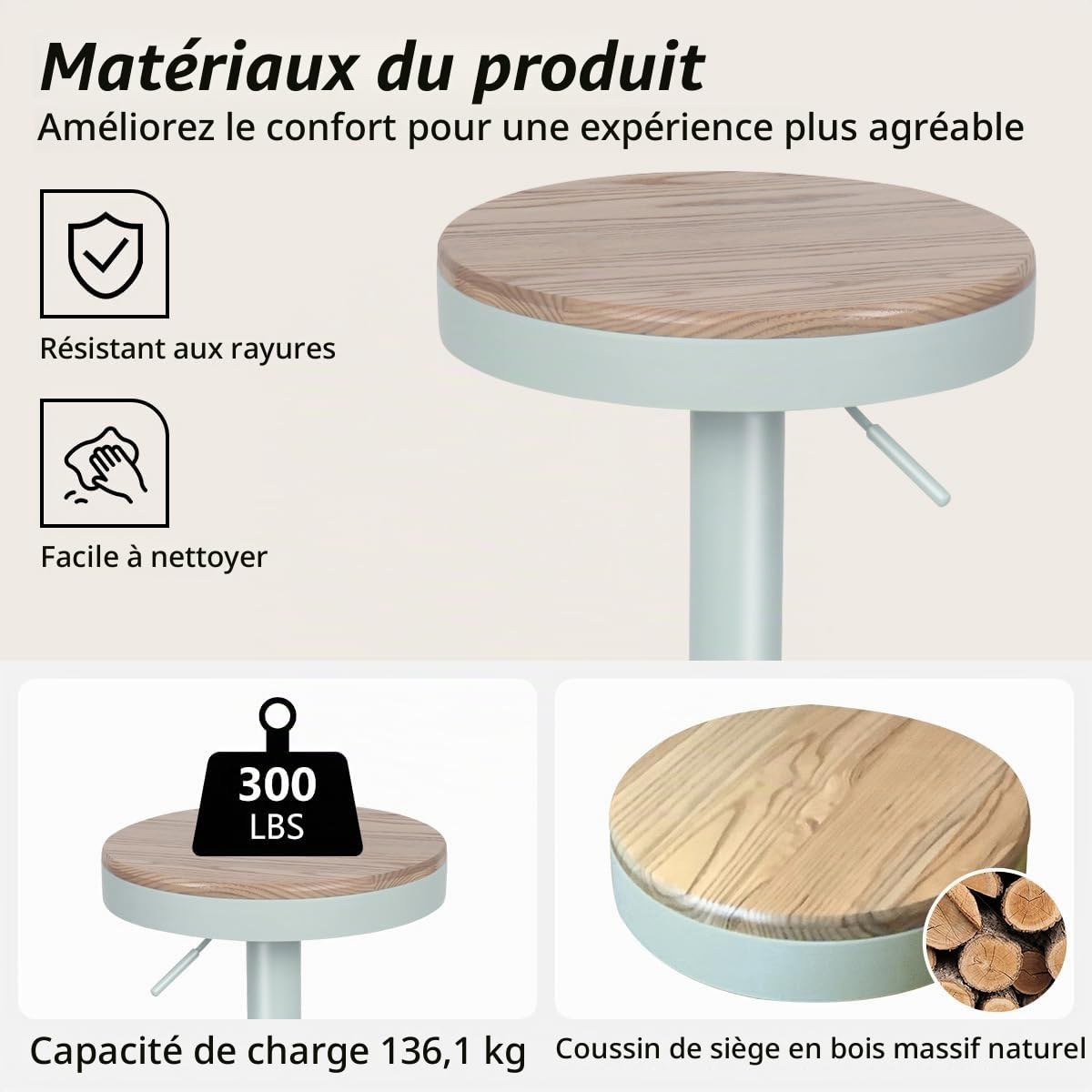 YOUNIKE Tabouret de Bar Lot de 2, Chaise de Bar à Manger en Bois Massif, Tabouret Haut Vintage, Tabouret Haut réglable pivotant, Facile à Assembler, Cuisine et Maison, Vert