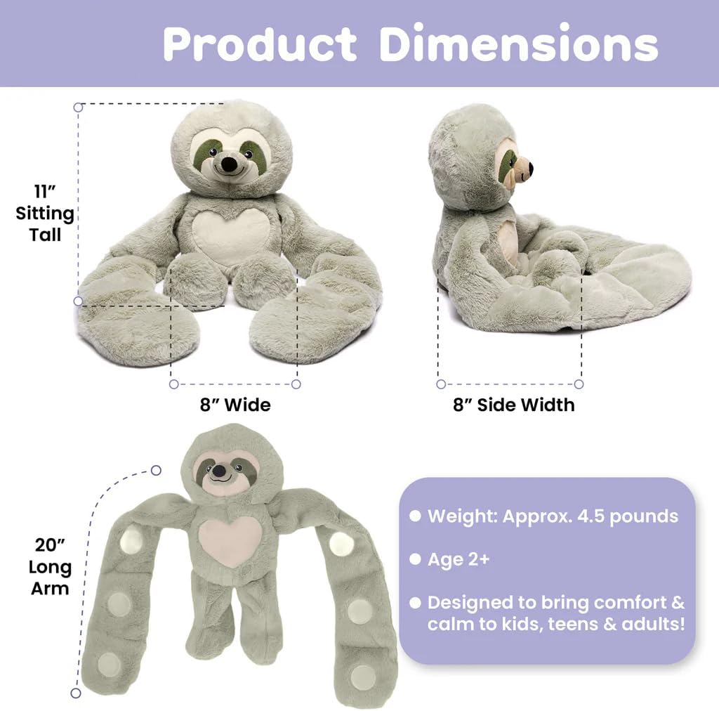 Plushland Original 5lbs Weighted Stuffed Animals Plush Toys with Long Arms, Giant Plushies Pillow Hugging Toy Gifts with Bean Bag for Kids and Adults (Sloth)