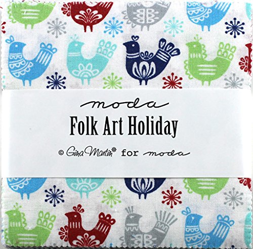 Moda Folk Art Holiday Charm Pack, Set of 42 5-inch (12.7cm) Precut Cotton Fabric Squares