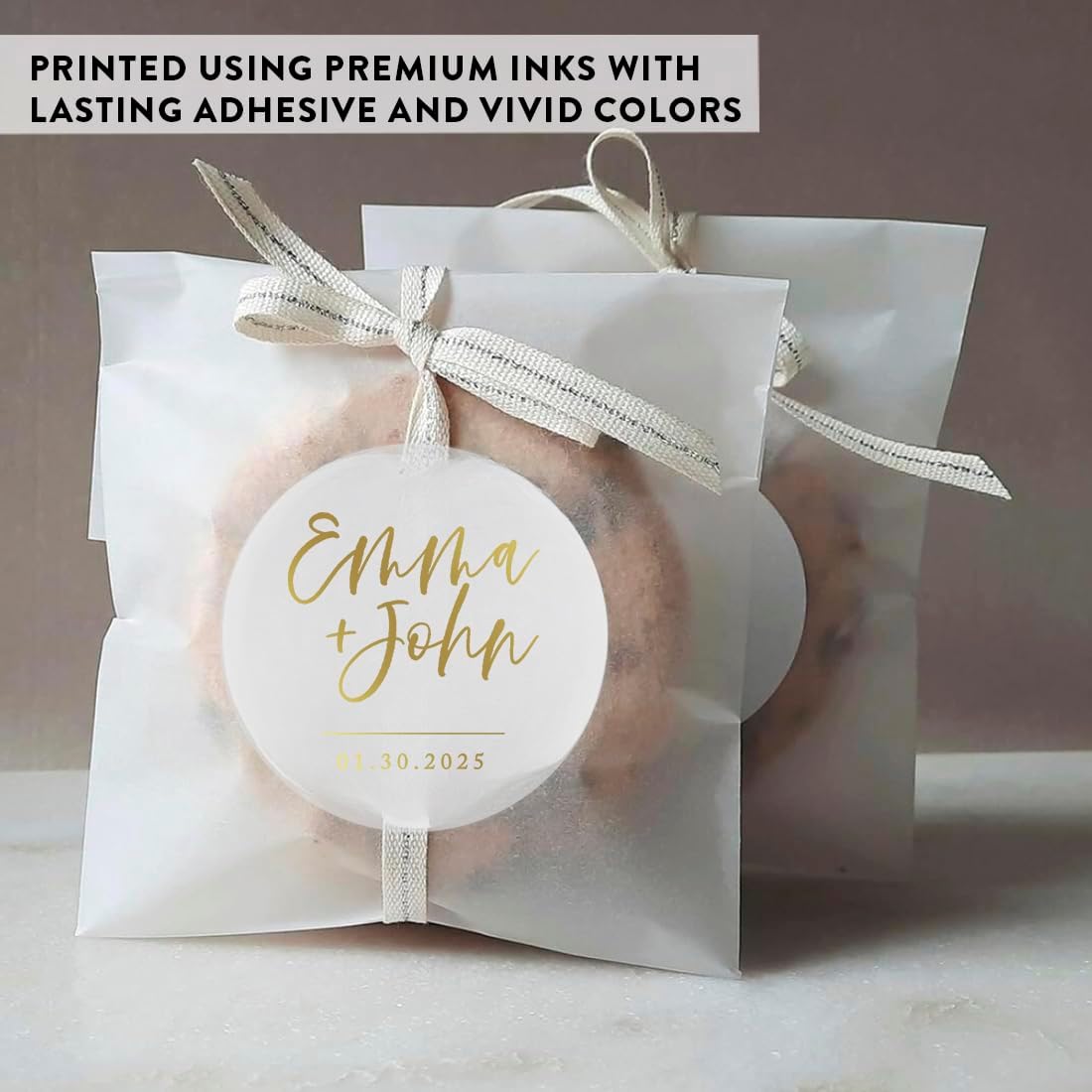 Andaz Press 2" Round Clear Personalized Wedding Sticker Labels with Gold Script Custom Names Transparent Vinyl Envelope Tab Sealer, Self-Adhesive Labels for Wedding Invitations, Favors, Cards, 40-Pack