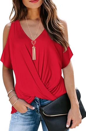 LEIYEE Womens Summer Cold Shoulder Tops Short Sleeve Front Twist Knot V Neck T Shirts Draped Blouses