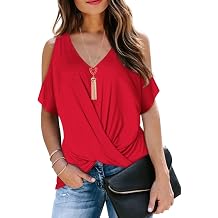 LEIYEE Womens Summer Cold Shoulder Tops Short Sleeve Front Twist Knot V Neck T Shirts Draped Blouses