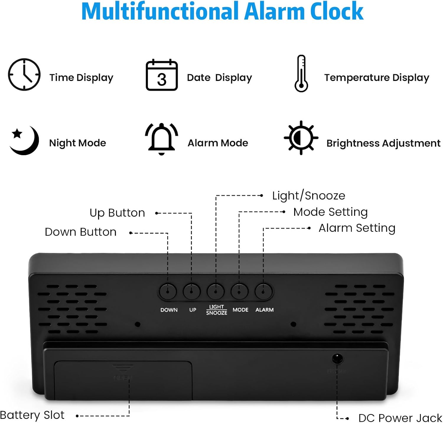 Rear view of Sarsumir U80Y002 Digital LED Alarm Clock showing button layout