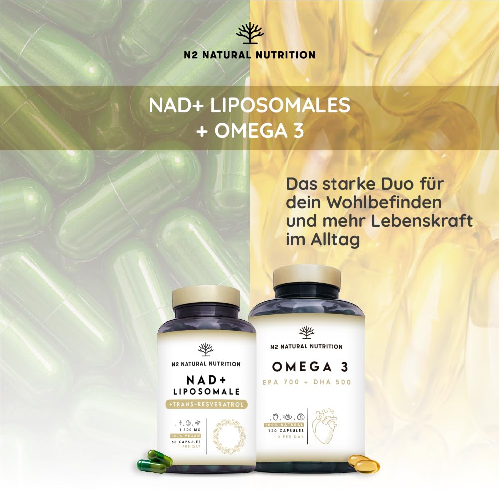 NAD Plus Resveratrol Kapseln 1100mg. Liposomal formel mit Nicotinamide Riboside, Niacin und Vitamin E. N2 Natural Nutrition