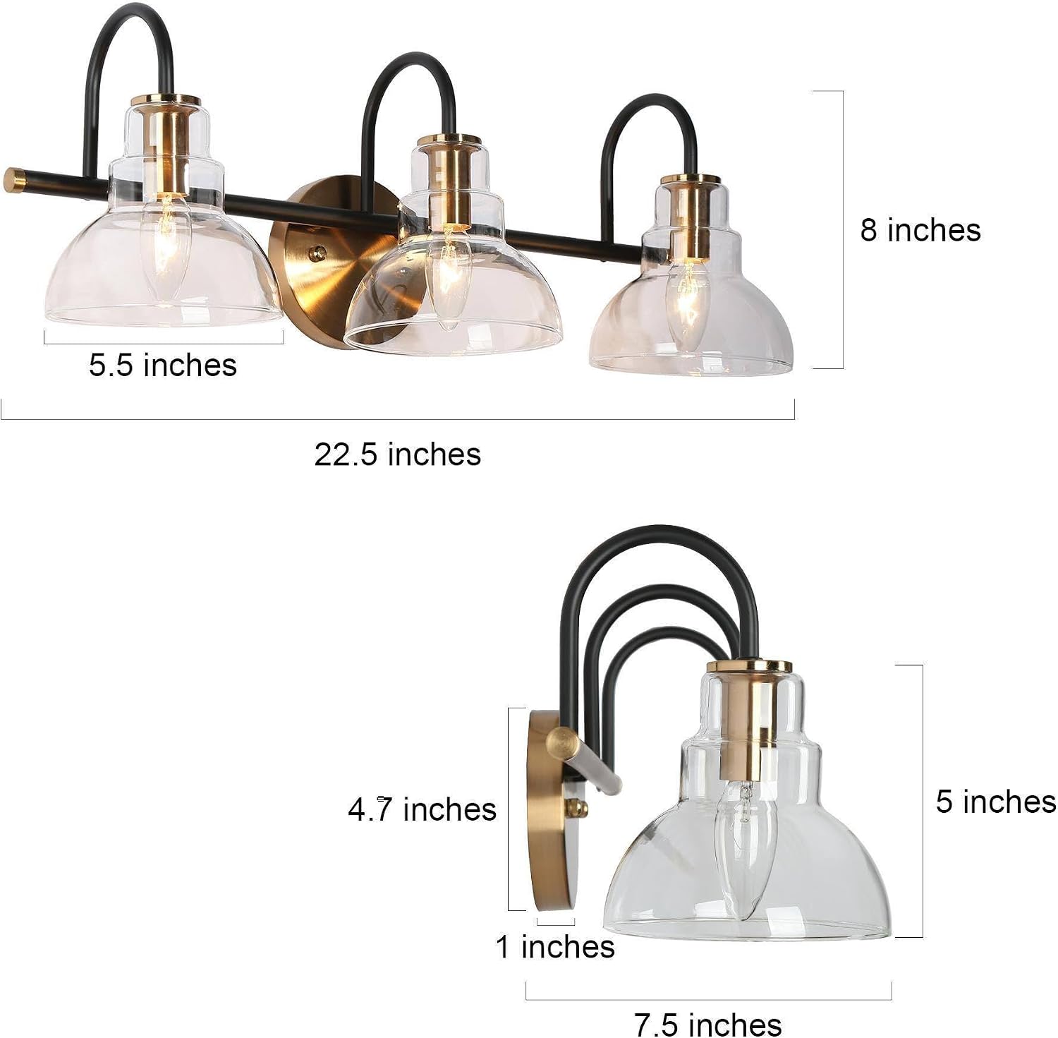 KSANA Black and Brass Vanity Light, Modern Clear Glass Bathroom Light Fixture, Black Gold 3-Light Wall Lighting Over Mirror