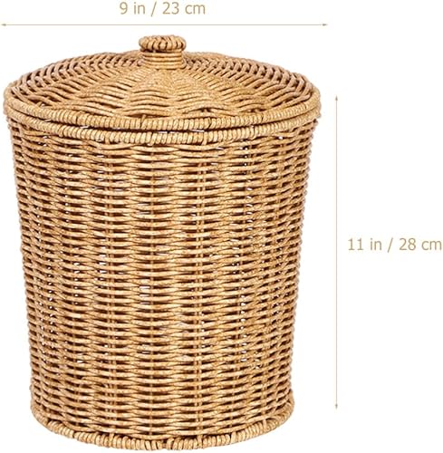Miniatura 4 de SEWACC Cesta de basura tejida de ratán con tapa, cesta redonda tejida para lavandería, cesta de basura bohemia, contenedor de ropa de plástico para