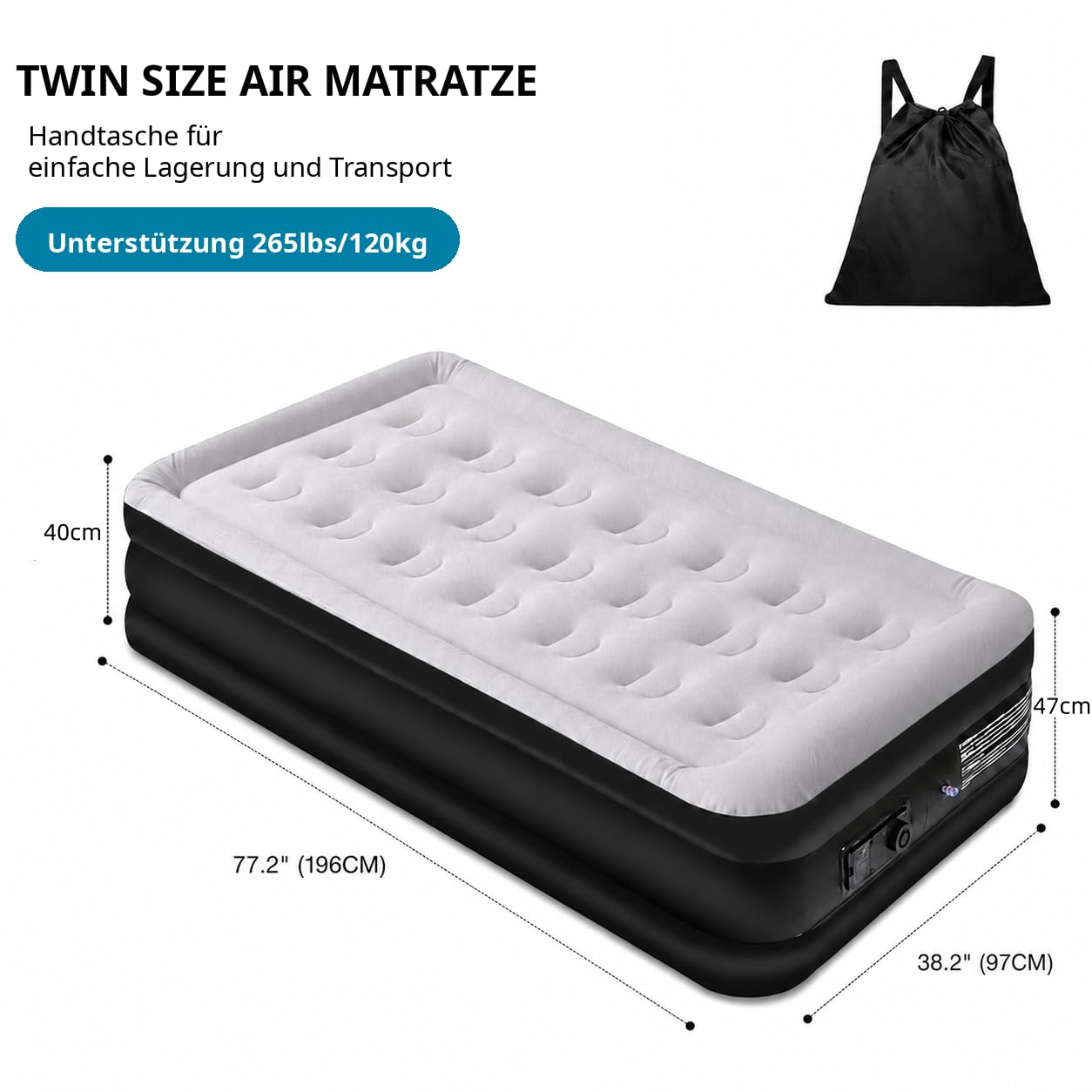 Panana Luftbett 1 Person mit integrierter Pumpe, Einzel Luftmatratze aufblasbar 196 x 97 x 47 cm, Gästebett mit beflockter Oberseite, PVC Luftbett mit Tragetasche für Zuhause Camping Gästezimmer