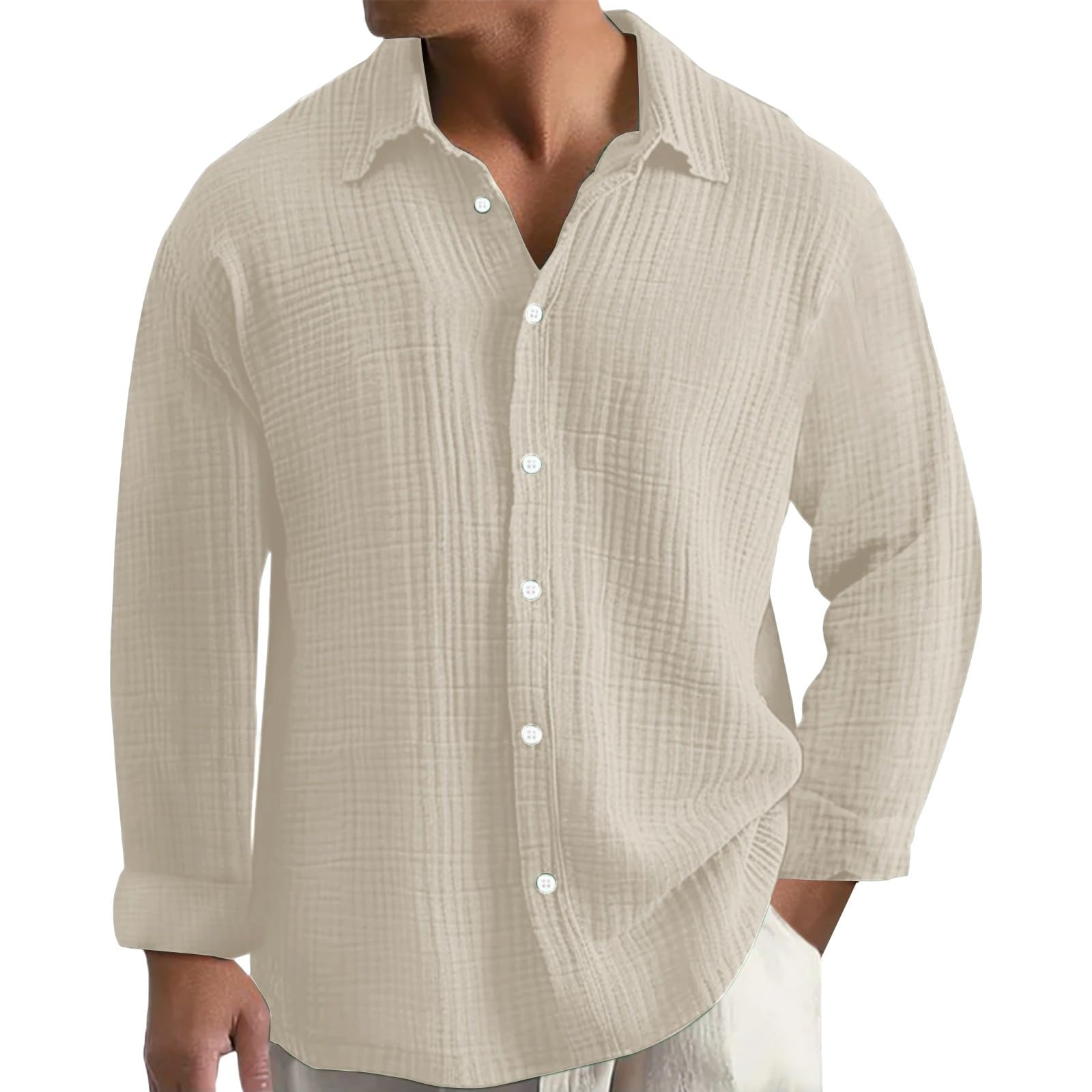 Camicia da uomo a maniche lunghe, taglie grandi, in mussola bottone, leggera, estiva, casual, casual, per il tempo libero, comoda, traspirante, per le vacanze