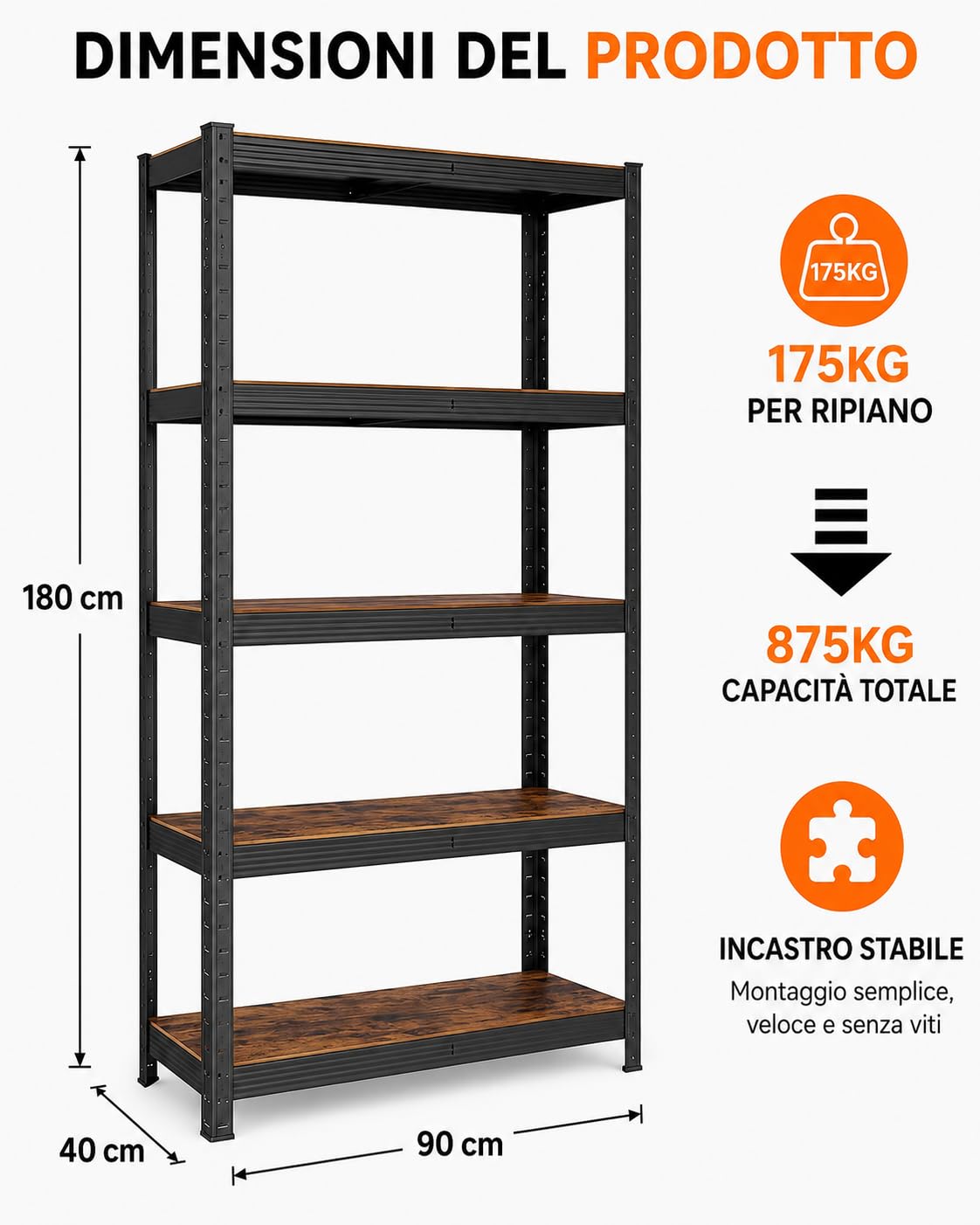 KOMBO - Scaffale Industrial 5 Ripiani in Acciaio e MDF Effetto Legno – Libreria Modulare Portata 875 kg, Struttura Robusta per Garage, Ufficio e Casa, 90x40x180 cm